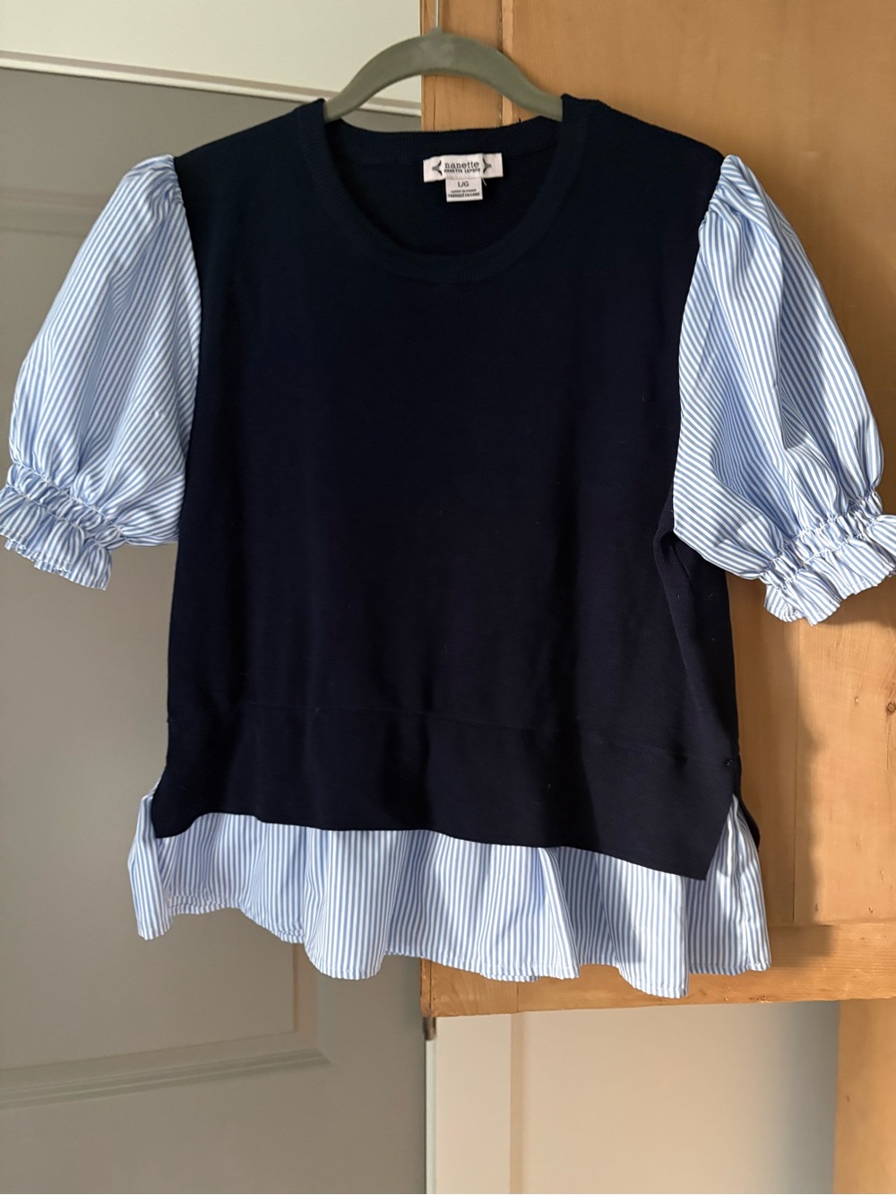 Nanette Lepore Navy Knit Top with Light Blue Striped Puff Sleeves
